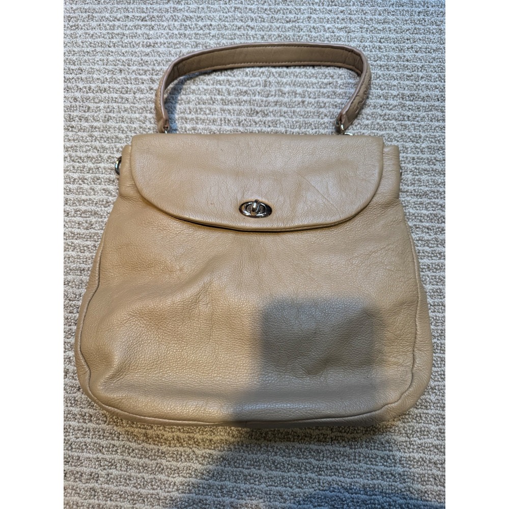 INZI Tan Pebbled Leather‎ Shoulder Bag Turn Lock Flap Whipstitch Strap Neutral
